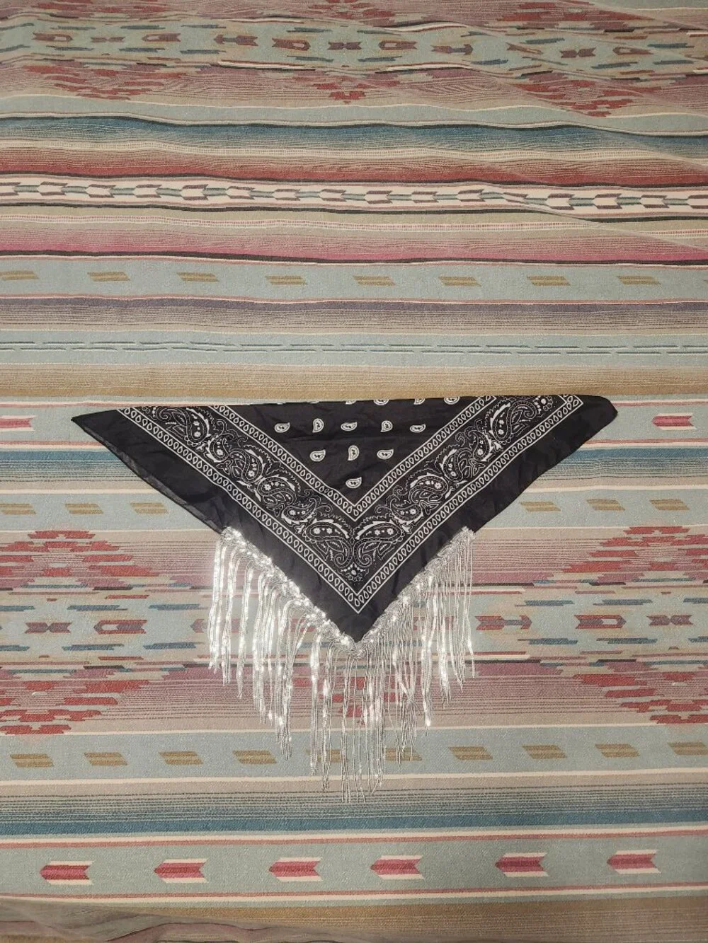 Fashionable Black Paisley-Styled Scarf, Bandana with Silver Tassles